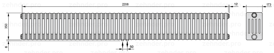 Схема (чертеж) Радиатор Zehnder Charleston 5035/48 №3470 Белый глянцевый RAL 9016